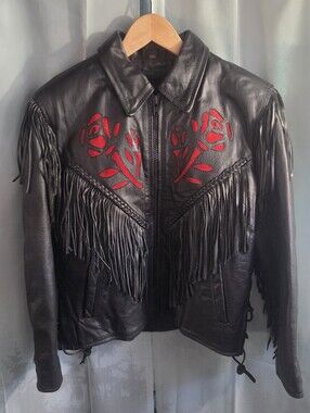 Barney's Leather Black Leather Motor Jacket with Rose and Fringe